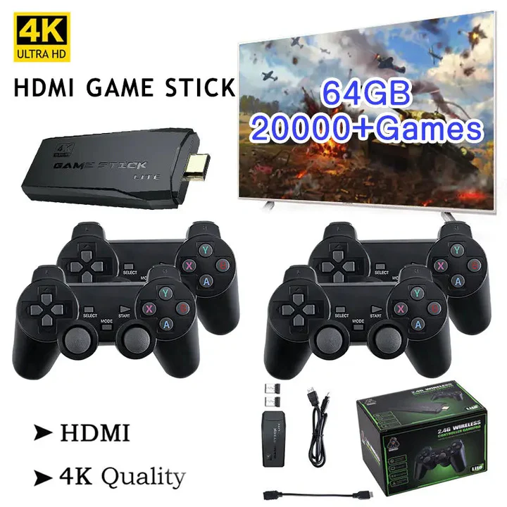 HDMI 4K TV Game Stick Console – 64GB Retro Spelcomputer met 20.000 Games & 2 Draadloze Controllers