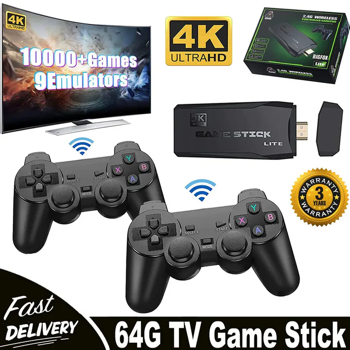 HDMI 4K TV Game Stick Console – 64GB Retro Spelcomputer met 20.000 Games & 2 Draadloze Controllers