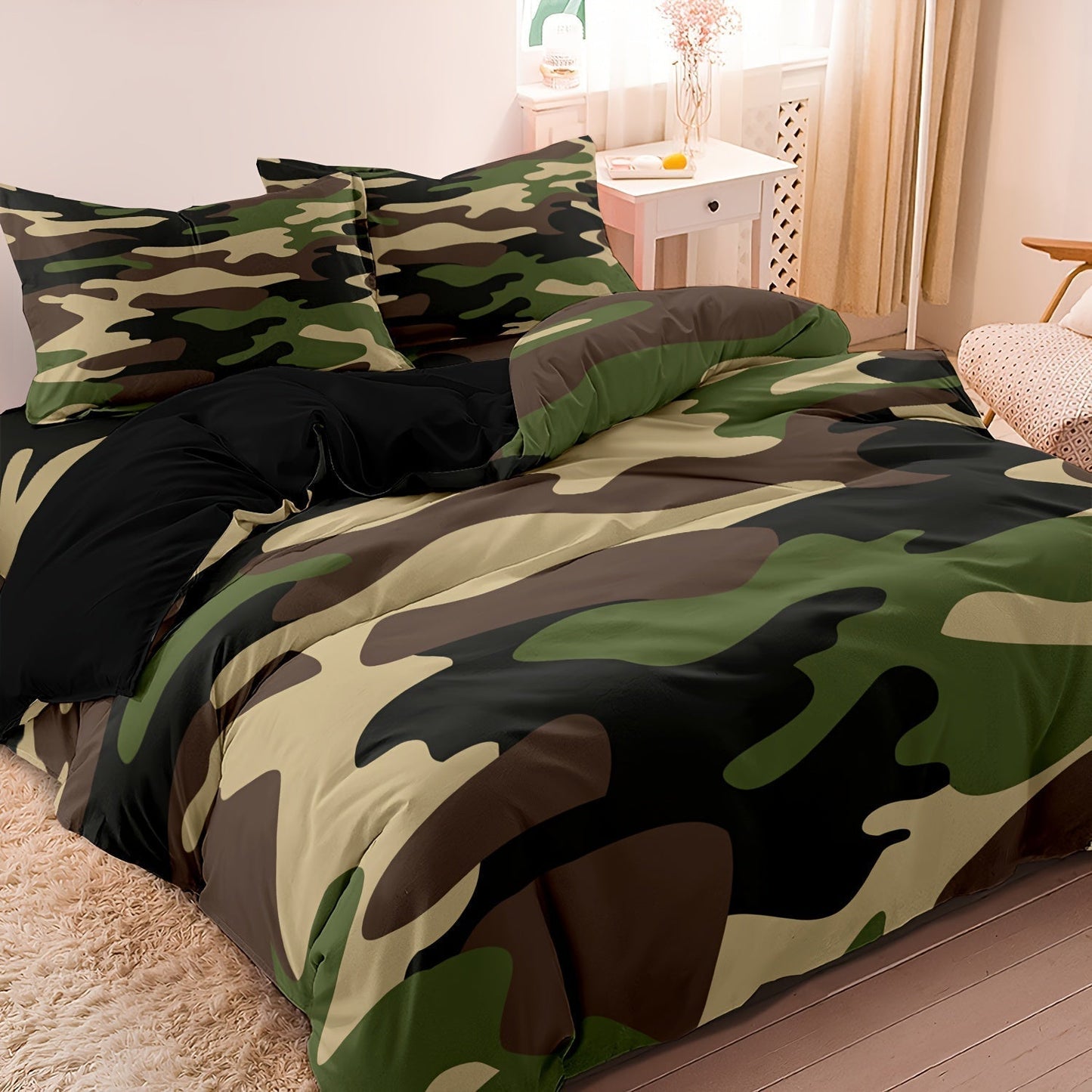 Camouflage Dekbedovertrek 200x200 – Zacht Ademend Beddengoed voor Stoere Slaapkamer met Kussenslopen